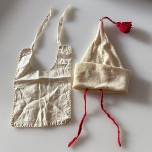 Vintage 50s knit Cream and Red Baby Hat / Linen Bib (damaged)